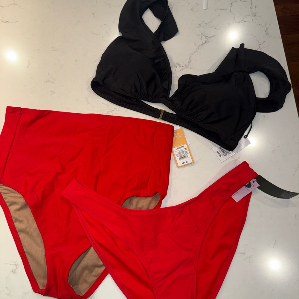 High Waist Bikini Bottom with Options Black and Red Women's Swim Set size L